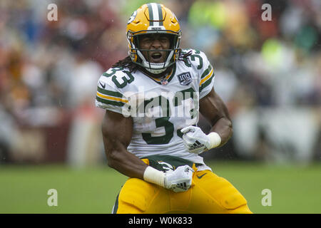 Green Bay Packers running back Aaron Jones (33) celebrates a long run during the NFL Week 3 game between the Washington Redskins and Green Bay Packers at FedEx Field in Landover, Maryland on September 23, 2018. Photo by Alex Edelman/UPI Stock Photo