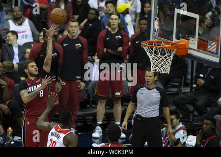 Miami Heat guard Tyler Johnson (8) shoots during the game between the Miami Heat and Washington Wizards on October 18, 2018 at Capitol One Arena in Washington, DC. Photo by Alex Edelman/UPI Stock Photo