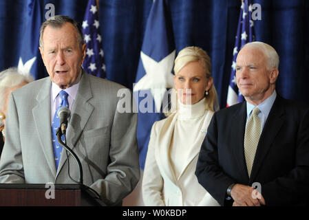 In this file photo, as John and Cindy McCain look on, former President George H. W. Bush officially endorses Republican presidential candidate McCain at a news conference February 18, 2008 in Houston, Texas. George Herbert Walker Bush died November 30, 2018 at the age of 94 years.     (UPI Photo/Ian Halperin) Stock Photo