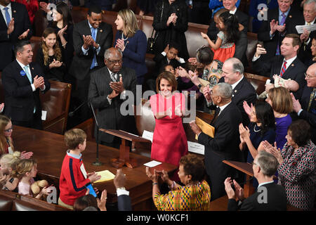 Congresswoman Nancy Pelosi (D-CA ) (center) celebrates being elected Speaker of the House at the 116th U.S. Congress in the House Chamber on Capitol Hill in Washington, DC on January 3, 2019. Pelosi, 52nd Speaker of the House, became the first official to return to that position since Sam Rayburn in 1955.   Photo by Pat Benic/UPI Stock Photo