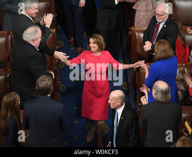 Congresswoman Nancy Pelosi (D-CA ) celebrates being elected Speaker of the House at the 116th U.S. Congress in the House Chamber on Capitol Hill in Washington, DC on January 3, 2019. Pelosi, 52nd Speaker of the House, became the first official to return to that position since Sam Rayburn in 1955.   Photo by Pat Benic/UPI Stock Photo