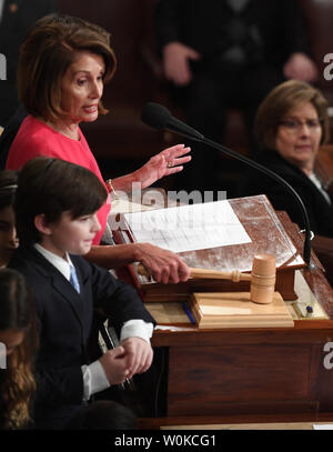 Congresswoman Nancy Pelosi (D-CA ), newly elected Speaker of the House of the 116th U.S. Congress, raps the gavel of office in the House Chamber on Capitol Hill in Washington, DC on January 3, 2019. Pelosi, 52nd Speaker of the House, became the first official to return to that position since Sam Rayburn in 1955.   Photo by Pat Benic/UPI Stock Photo