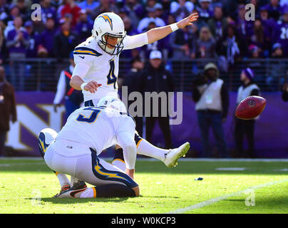 Los Angeles Chargers kicker Mike Badgley (4) kicks a 21-yard field goal against the Baltimore Ravens in the first half of an NFL Wild Card playoff game at M&T Bank Stadium in Baltimore, Maryland, January 6, 2019. Photo by Kevin Dietsch/UPI Stock Photo