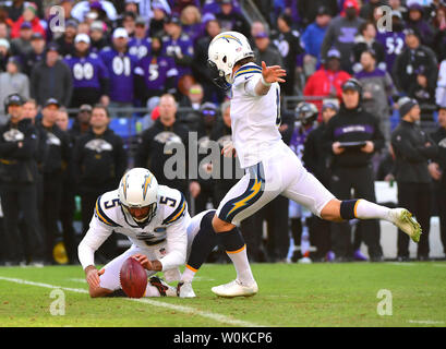 Los Angeles Chargers kicker Mike Badgley (4) kicks a 40-yard field goal against the Baltimore Ravens in the first half of an NFL Wild Card playoff game at M&T Bank Stadium in Baltimore, Maryland, January 6, 2019. Photo by Kevin Dietsch/UPI Stock Photo