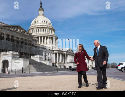 Former Rep. Gabrielle Giffords, D-Ariz., (L) and Rep. Mike Thompson, D-Calif., walk to a news conference on H.R.8, the Bipartisan Background Checks Act of 2019, on Capitol Hill in Washington, D.C. on February 26, 2019. The bill mandates background checks for all firearm sales. Photo by Kevin Dietsch/UPI Stock Photo