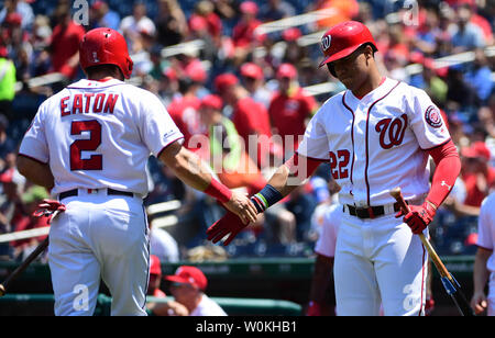 Washington Nationals right fielder Adam Eaton (2) is congratulated by teammate Juan Soto after scoring off of a .Anthony Rendon single in the first inning against the New York Mets at Nationals Park in Washington, D.C. on May 16, 2019. Photo by Kevin Dietsch/UPI Stock Photo