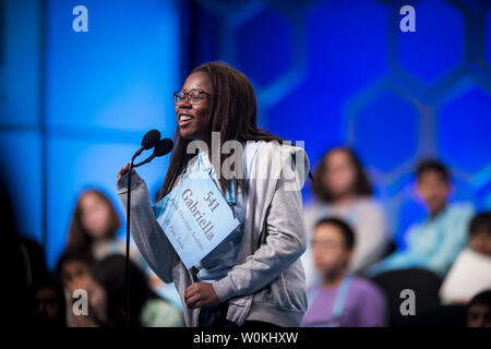 Gabriella Agunanne, 14, of El Paso, Texas, participates in the third round of the 2019 Scripps National Spelling Bee on May 29, 2019 in Oxon Hill, Maryland. There are 565 spellers in this year's competition, ranging in age from 7-15. Entering day two, 72 spellers have been eliminated from the competition. This is the 92nd year that the Scripps National Spelling Bee has been held.        Photo by Pete Marovich/UPI Stock Photo