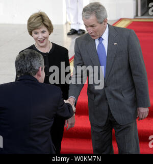 U.S. President George W. Bush and first lady Laura Bush greet Britain's Prime Minister Gordon Brown at the North Portico at the White House in Washington on April 17, 2008. (UPI Photo/Yuri Gripas) Stock Photo