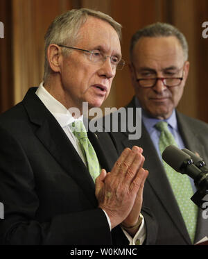 Senate Majority Leader Harry Reid (D-NV) speaks during a joint news conference Senator Charles Schumer (D-NY) about the progress made in President Obama's first 100 days in office on Capitol Hill in Washington on April 29, 2009. (UPI Photo/Yuri Gripas) Stock Photo