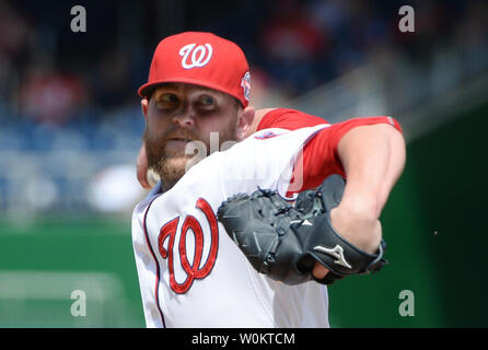 Washington Nationals closer Drew Storen delivers a pitch in the 9th inning on his was to saving the game against the Los Angeles Dodgers at Nationals Park in Washington, DC on July 18, 2015.   Nationals won the July 17th suspended game 5-3.  Photo by Pat Benic Stock Photo