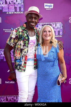 Ben Ofoedu and Vanessa Feltz arriving for the press night for On Your Feet! at the London Coliseum, central London. Stock Photo