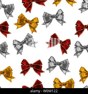 Seamless pattern isolated on white with realistic white, red and yellow silk ribbon bow with gold glitter shiny stripes, vector background for decorat Stock Vector
