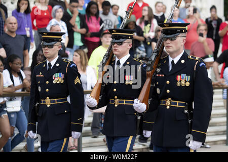 The changing of the guard by the Tomb Guard sentinels of the 3rd U.S. Infantry Regiment takes place at the Tomb of the Unknown Soldiers at Arlington National Cemetery in Arlington, Virginia on Mary 23, 2019. The Tomb is guarded 24 hours a day.  More than 250,000 flags were placed on the tombstones of the fallen during Flags-In day prior to Memorial Day.   Photo by Pat Benic/UPI Stock Photo