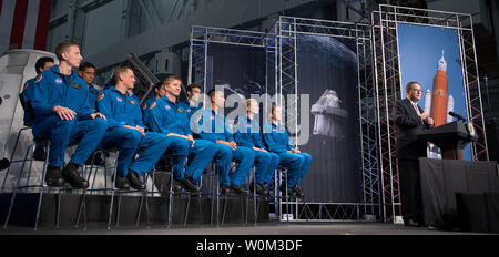 Acting NASA Administrator Robert Lightfoot recognizes the newly introduced 12 new NASA astronaut candidates, Wednesday, June 7, 2017 at NASA's Johnson Space Center in Houston, Texas. After completing two years of training, the new astronaut candidates could be assigned to missions performing research on the International Space Station, launching from American soil on spacecraft built by commercial companies, and launching on deep space missions on NASA's new Orion spacecraft and Space Launch System rocket. NASA Photo by Bill Ingalls/UPI Stock Photo