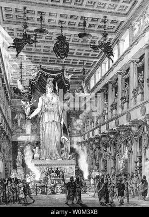 A reconstruction of the interior of the Parthenon, a former temple on the Acropolis, Athens, Greece, dedicated to the goddess Athena, patron saint of Athenians. Completed in 438 BC, decoration of the building continued until 432 BC. It is considered to be the zenith of the Doric order with its decorative sculptures considered some of the high points of Greek art. To the Athenians, the Parthenon and other Periclean monuments of the Acropolis were seen fundamentally as a celebration of Hellenic victory over the Persian invaders and as a thanksgiving to the gods for that victory. Stock Photo