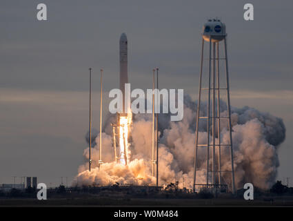The Orbital ATK Antares rocket, with the Cygnus spacecraft onboard, launches from Pad-0A, on November 12, 2017 at NASA's Wallops Flight Facility in Virginia. Orbital ATK's eighth contracted cargo resupply mission with NASA to the International Space Station will deliver approximately 7,400 pounds of science and research, crew supplies and vehicle hardware to the orbital laboratory and its crew. NASA Photo by Bill Ingalls/UPI
