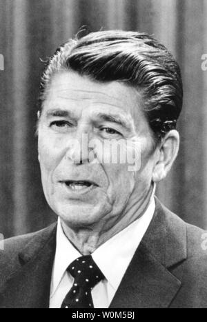 Former President Ronald Reagan died on June 5, 2004 in Los Angeles at the age of 93.  California Governor Ronald Reagan is seen here in this November 6, 1973 file photo addressing reporters during a midnight press conference.  (UPI Photo/File) Stock Photo