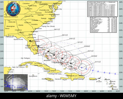 The US Navey released this chart on September 1, 2004 showing the path of Hurricane Frances. Current forecast projected path and wind speeds of Hurricane Frances from Sept 1 to Sept 6. Frances, a category four hurricane on the Saffir-Simpson hurricane scale, is approximately 700 miles east-southeast of the Florida East Coast, moving at near 14 knots. Maximum sustained winds remain near 140 MPH with winds extending outwards up to 80 miles. The core of the storm is expected to be near Florida within two days, only three weeks after Hurricane Charley left billions of dollars in damage as it swept Stock Photo