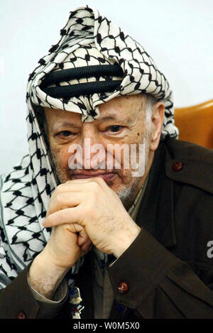 Palestinian leader Yasser Arafat shown in this file photo dated  April 12, 2002  died in a military hospital outside Paris early on November 11, 2004.   He was 75 years old.  (UPI Photo/Hussein Hussein/Palestinian Authority) Stock Photo