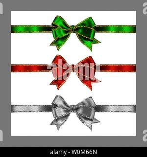 Set of three realistic white, green and red silk ribbon bow with gold and silver glitter shiny stripes, vector illustration isolated on white for deco Stock Vector