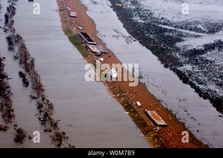 NOAA released this aerial image of south Plaquemines Parish, La., near Empire, Buras and Boothville where Hurricane Katrina made landfall on Aug. 29, 2005, at approximately 7:10 a.m. EDT. NOAA was less than 10 miles off on their 12 hour prediction for landfall.  (UPI Photo/NOAA) Stock Photo