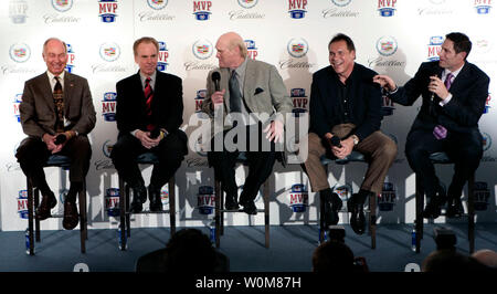 Super Bowl MVP's, quarterbacks Bart Starr (Packers) (l to r), Roger Staubach (Cowboys), Terry Bradshaw (Steelers),  Jim Plunkett (Raiders) and Steve Young (49'ers) laugh it up at the Cadillac Super Bowl XL MVP event in Detroit Wednesday, February 1, 2006. The Super Bowl MVP this year will be awarded his choice of a Cadillac vehicle. Cadillac continues as the official car sponsor of the Super Bowl.  (UPI Photo/John F. Martin/General Motors) Stock Photo