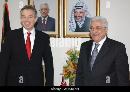 British Prime Minister Tony Blair meets with  Palestinian President Mahmoud Abbas at Abbas' office in the west bank town of Ramallah on December 18, 2006.  (UPI Photo/Omar Rashidi/Palestinian President's Office) Stock Photo