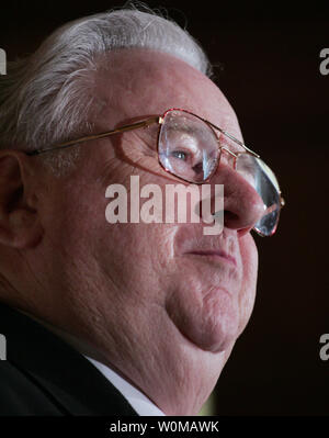 Rev. Jerry Falwell, the controversial fundamentalist Baptist pastor, pictured in a July 19, 2006 file photo, died at the age of 73 in Lynchburg, Virginia on May 15, 2007. Falwell is pictured speaking at a news conference sponsored by Christians United for Israel on Capitol Hill in Washington.  (UPI Photo/Eduardo Sverdlin/FILES) Stock Photo