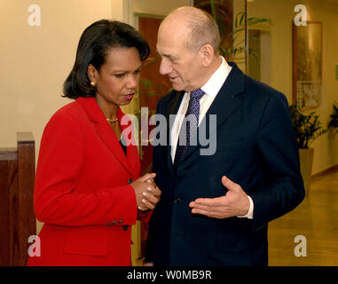 U.S. Secretary of State Condoleezza Rice meets with Israeli Prime Minister Ehud Olmert in his office in Jerusalem on October 14, 2007. Rice arrived in Israel this morning saying she did not expect any breakthroughs from a four-day Middle East trip to prepare for a U.S.-sponsored conference on Palestinian statehood. (UPI Photo/Matty Stern/U.S. Embassy Tel - Aviv) Stock Photo