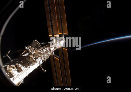 A section of the International Space Station is featured in this image photographed by the STS-122 crew aboard space shuttle Atlantis while docked with the station. Atlantis undocked to begin her journey home at 4:24 a.m. EST on February 18, 2008.   (UPI Photo/NASA) Stock Photo