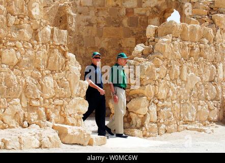 Israeli Prime Minister Ehud Olmert (R) and U.S. President George W. Bush visit Masada, a site of ancient palaces and fortifications in Southern Israel on May 15, 2008. (UPI Photo/Avi Ohayon/Israeli Government Press Office) Stock Photo