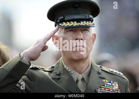 Vice Chairman of the Joint Chiefs of Staff Marine Gen. James Cartwright salutes as the national anthem plays during the dedication ceremony for the Pentagon Memorial on the seventh anniversary of the September 11, 2001 terrorist attacks on the Pentagon and the World Trade Center in New York City, at the Pentagon in Arlington, Virginia on September 11, 2008. (UPI Photo/Chad McNeeley/U.S. Navy) Stock Photo