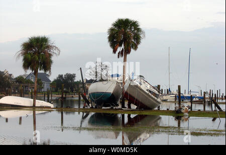 Two sailboats lie against a palm tree out of the dock on September 14, 2008, where high storm surge forced many vessels out of their pier slips following the landfall of Hurricane Ike. (UPI Photo/US Coast Guard/Matt Fonville) Stock Photo