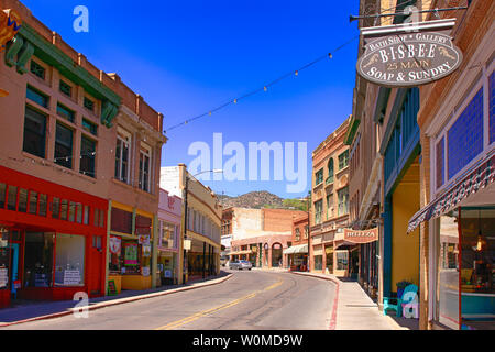 Businesses on Main Street also called Tombstone Canyon Road in the thriving heart of downtown historic Bisbee, AZ Stock Photo