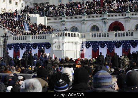 President Barack Obama gives his inaugural address after taking the oath of office in Washington on January 20, 2009.  More than 5,000 men and women in uniform are providing military ceremonial support to the presidential inauguration, a tradition dating back to George Washington's 1789 inauguration.  (UPI Photo/ Daniel J. Calderon/U.S. Navy) Stock Photo