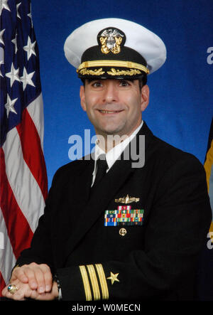 This undated file photo provided by the U.S. Navy on April 13, 2009, shows Cmdr. Frank X. Castellano, commanding officer of the guided-missile destroyer USS Bainbridge. US Navy SEALs shot dead three pirates holding Captain Richard Phillips of the cargo ship Maersk Alabama when they felt he was in imminent danger as the pirates pointed an AK-47 rifle at him off the coast of Somalia on April 12, 2009.    (UPI Photo/U.S. Navy Photo) Stock Photo