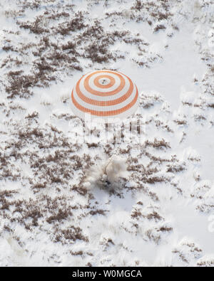 The Soyuz TMA-16 spacecraft is seen as it lands with Expedition 22 Commander Jeff Williams and Flight Engineer Maxim Suraev near the town of Arkalyk, Kazakhstan on March 18, 2010. NASA Astronaut Jeff Williams and Russian Cosmonaut Maxim Suraev are returning from six months onboard the International Space Station where they served as members of the Expedition 21 and 22 crews.  UPI/Bill Ingalls/NASA Stock Photo