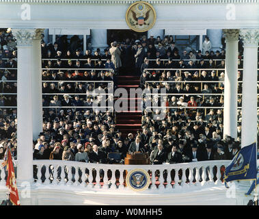 This photograph, part of the John F. Kennedy Presidential Library, taken on January 20, 1961 shows John F. Kennedy delivering his inaugural address after being sworn-in as the 35th President of the United States, Washington, DC . This image is one of the more than 1,500 images that the National Archives has released in their 'Access to a Legacy' project, which is an online digital archive of high interest material from President John F. Kennedy's official and personal records. The collection consist of photographs, audio recordings, speech drafts, films and other material.  UPI/U.S. Army Signa Stock Photo