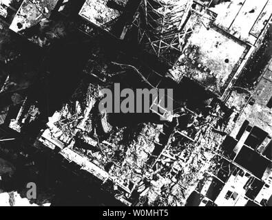 An aerial view of the aftermath of the April 26, 1986 explosion at the Chernobyl Nuclear Power Plant, Ukraine.  UPI/INS Stock Photo