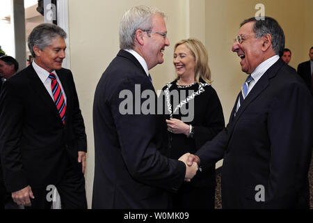 Defense Secretary Leon Panetta, right, and Secretary of State Hillary Clinton meet with Australian Foreign Minister Kevin Rudd, second from left, and Australian Minister of Defense Stephen Smith, far left, for U.S.-Australia Ministerial talks held at the Presidio in San Francisco, Califonia, September 15, 2011.  The delegation is meeting to discuss areas of mutual interests and to celebrate the 60th anniversary of the ANZUS Treaty, signed in 1951 by Australia, New Zealand and the United States. UPI/Jacob N. Bailey/DOD Stock Photo