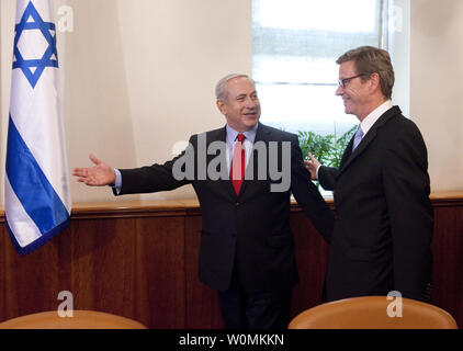 Israel Prime Minister Benjamin Netanyahu (L) welcomes  the German Foreign Minister Guido Westerwelle during their meeting at the Prime Minister's office in Jerusalem on September 9, 2012 .    UPI/Abir Sultan