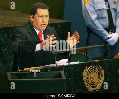 Venezuelan President Hugo Chavez Frias addresses the 64th General Assembly at the United Nations on  September 24, 2009 in New York City, has reportedly died after a two-year battle with cancer, ending his 14-year rule of the country, according to Vice President Nicolas Maduro, March 4, 2013. UPI/Monika Graff/File Photo Stock Photo