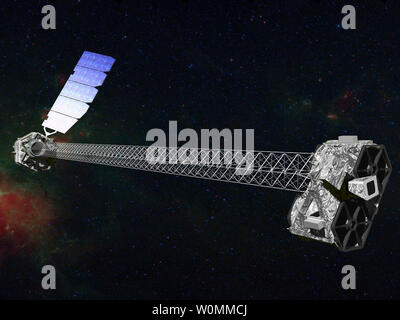 This  artist's rendition of NuSTAR, along with never seen data from the black hole hunting telescope was released to the public for the first time by NASA on August 29th, 2013. The Nuclear Spectroscopic Telescope Array, or NuSTAR, is giving the wider astronomical community a first look at its unique X-ray images of the cosmos  via NASA's High Energy Astrophysics Science Archive Research Center, or HEASARC.  UPI/NASA Stock Photo