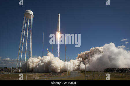 The Orbital Sciences Corporation Antares rocket, with the Cygnus cargo spacecraft aboard, is seen as it launches from Pad-0A of the Mid-Atlantic Regional Spaceport (MARS) at NASA Wallops Flight Facility, Virginia on September 18, 2013, . Cygnus is on its way to rendezvous with the International Space Station. The spacecraft will deliver about 1,300 pounds (589 kilograms) of cargo, including food and clothing, to the Expedition 37 crew.   UPI/Bill Ingalls/NASA