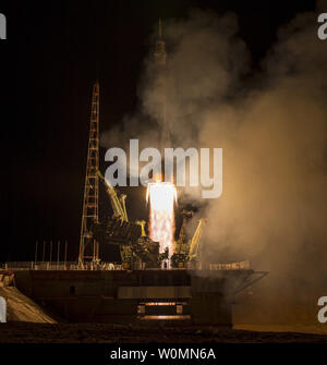 The Soyuz TMA-16M spacecraft is seen as it launches to the International Space Station with Expedition 43 NASA Astronaut Scott Kelly, Russian Cosmonauts Mikhail Kornienko, and Gennady Padalka of the Russian Federal Space Agency (Roscosmos) onboard Saturday, March 28, 2015, Kazakh time (March 27 Eastern time) from the Baikonur Cosmodrome in Kazakhstan. As the one-year crew, Kelly and Kornienko will return to Earth on Soyuz TMA-18M in March 2016. NASA Photo by Bill Ingalls/UPI Stock Photo