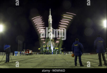 The Soyuz TMA-16M spacecraft is seen as it prepares for launch to the International Space Station with Expedition 43 NASA Astronaut Scott Kelly, Russian Cosmonauts Mikhail Kornienko, and Gennady Padalka of the Russian Federal Space Agency (Roscosmos) onboard Saturday, March 28, 2015, Kazakh time (March 27 Eastern time) from the Baikonur Cosmodrome in Kazakhstan. As the one-year crew, Kelly and Kornienko will return to Earth on Soyuz TMA-18M in March 2016. NASA Photo by Bill Ingalls/UPI Stock Photo