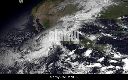 This NOAA satellite image taken on October 23, 2015 shows the eye of Hurricane Patricia on October 23, 2015. Patricia has became the most powerful hurricane ever measured in the Western Hemisphere on Friday with maximum sustained winds reached an 200 mph. Patricia is expected to make landfall in Mexico later this evening. Photo by NOAA/UPI Stock Photo