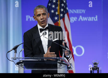 Former U.S. President Barack Obama speaks after he was presented the 2017 John F. Kennedy Profile In Courage Award by Caroline Kennedy at the John F. Kennedy Library in Boston, Massachusetts on May 7, 2017. Obama is being honored for 'his enduring commitment to democratic ideals and elevating the standard of political courage in a new century,' with specific mention of his expansion of healthcare options, his leadership on confronting climate change and his restoration of diplomatic relations with Cuba.      Photo by CJ Gunther/UPI Stock Photo