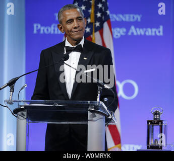 Former U.S. President Barack Obama speaks after he was presented the 2017 John F. Kennedy Profile In Courage Award by Caroline Kennedy at the John F. Kennedy Library in Boston, Massachusetts on May 7, 2017. Obama is being honored for 'his enduring commitment to democratic ideals and elevating the standard of political courage in a new century,' with specific mention of his expansion of healthcare options, his leadership on confronting climate change and his restoration of diplomatic relations with Cuba.      Photo by CJ Gunther/UPI Stock Photo