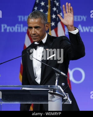 Former U.S. President Barack Obama waves after he was presented the 2017 John F. Kennedy Profile In Courage Award by Caroline Kennedy at the John F. Kennedy Library in Boston, Massachusetts on May 7, 2017. Obama is being honored for 'his enduring commitment to democratic ideals and elevating the standard of political courage in a new century,' with specific mention of his expansion of healthcare options, his leadership on confronting climate change and his restoration of diplomatic relations with Cuba.      Photo by CJ Gunther/UPI Stock Photo